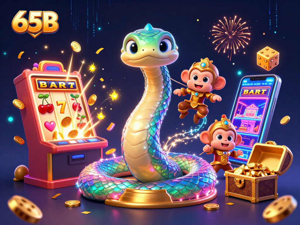 Jogadores desfrutando do jackpot em 65B, com serpentinha de cores e máquinas caça-níqueis vibrantes.