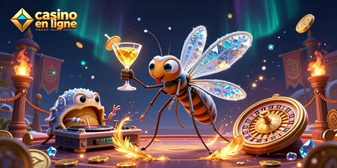 Illustration captivante de casino en ligne retrait instantané avec un moustique et un DJ trilobite.