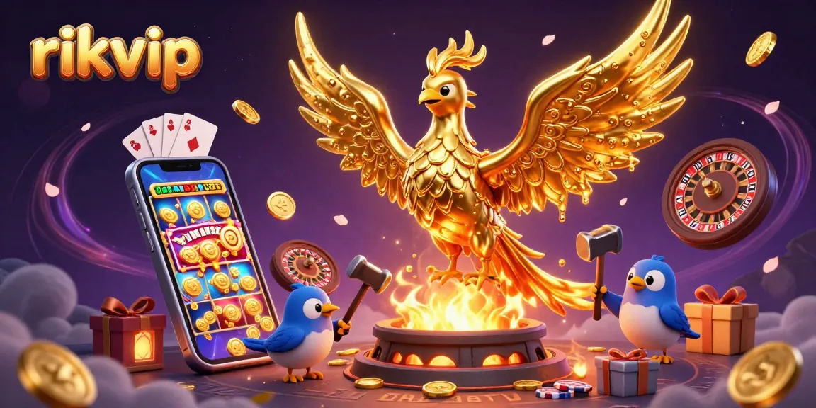 Experience winning moments at rikvip with a stunning golden phoenix amidst colorful casino games.