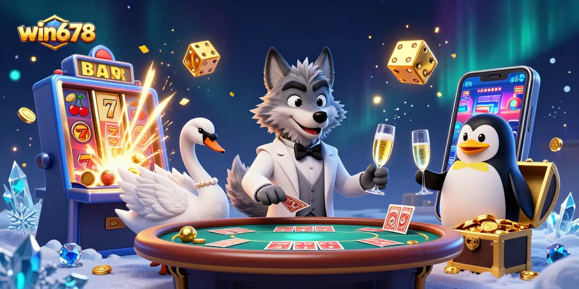 Experience thrilling wins at win678 with a vibrant 3D illustration featuring engaging casino characters.