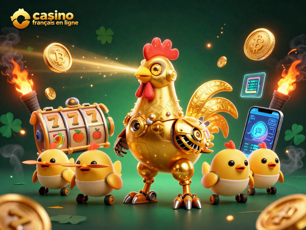 Les joueurs dans un casino français en ligne profitent de gains avec un robot coq doré futuriste.