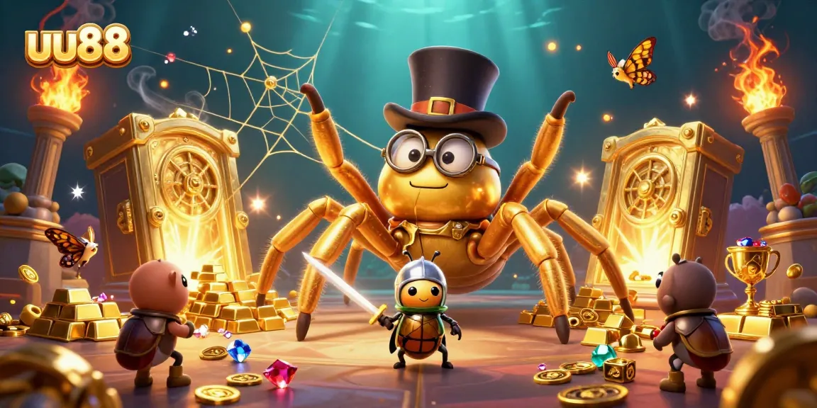 Experience thrill at uu88 with a golden tarantula weaving its web in a vibrant casino environment.