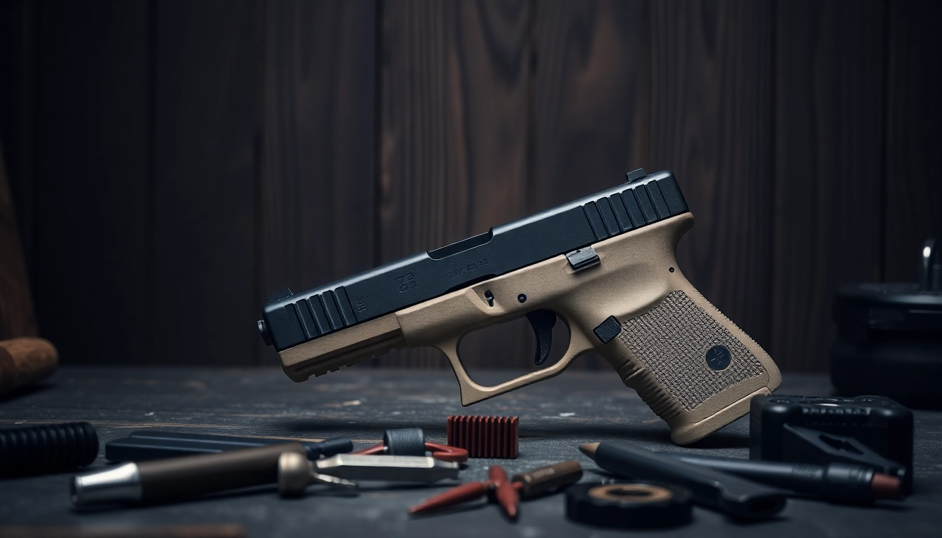 Showcasing a glock 26 gen 5 slide with intricate details on a workbench, highlighting its craftsmanship.
