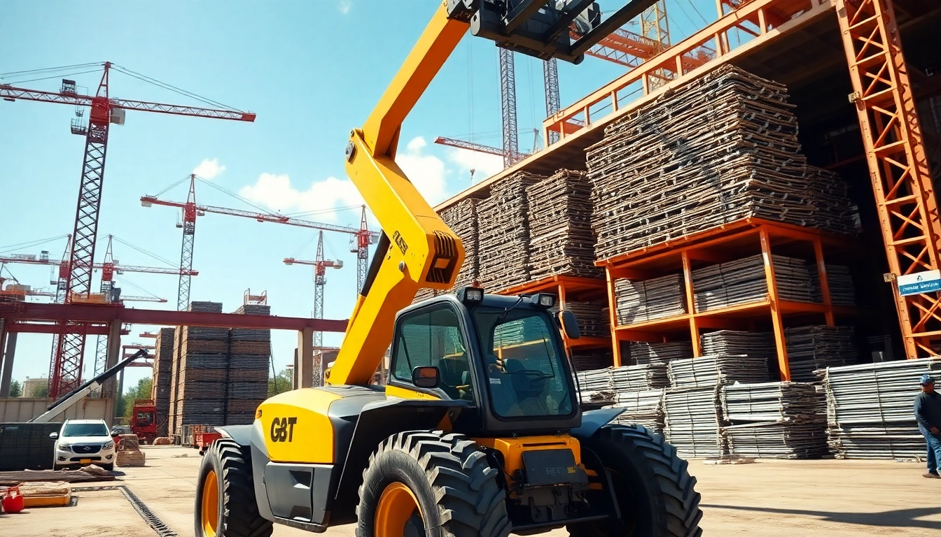 Telehandler lifting heavy materials on a construction site with professionals around.