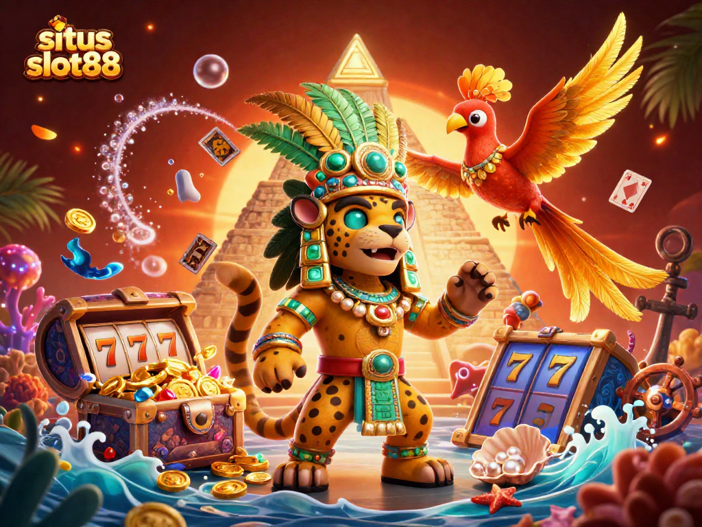 Situs slot88 showcases vibrant 3D scene featuring a Mayan jaguar priest and rich slot game elements.