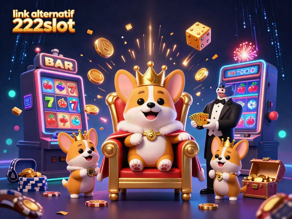 Karakter utama meraih kemenangan dalam slot di link alternatif 222slot dengan corgi kerajaan dan pemain beruntung.