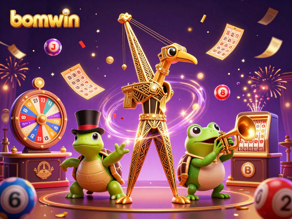 Experience excitement with bomwin's vibrant lottery celebration scene featuring dynamic game elements.