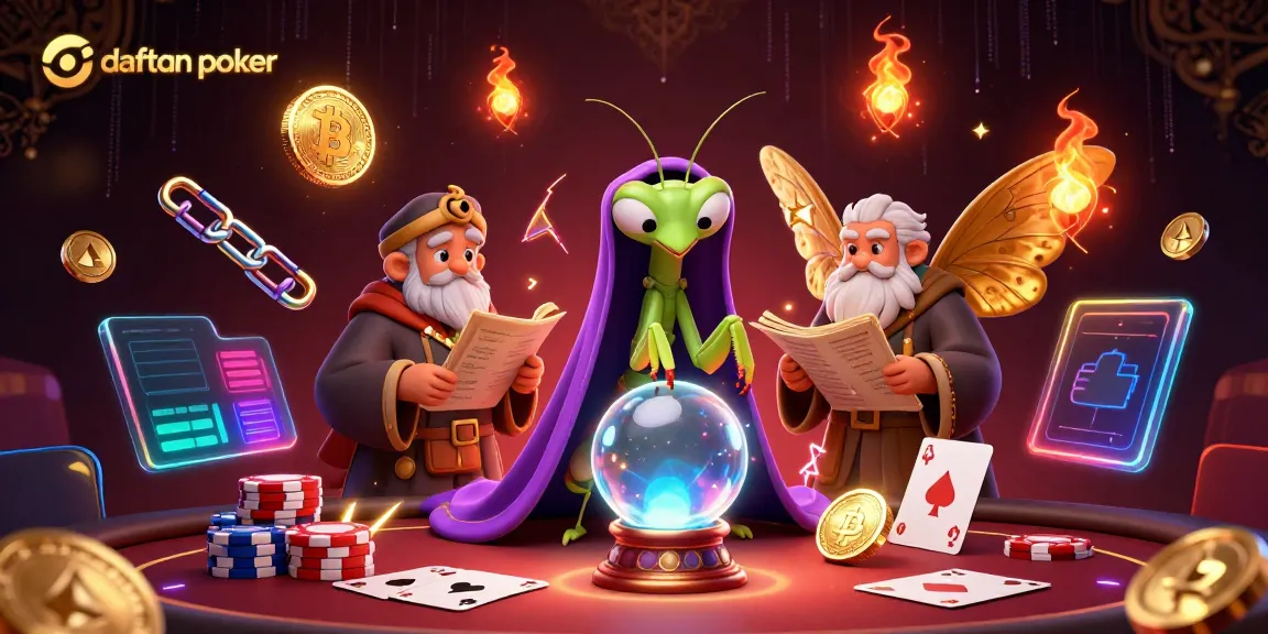 Engage with daftar idn poker through a vibrant 3D illustration, blending fortune-telling and poker elements.