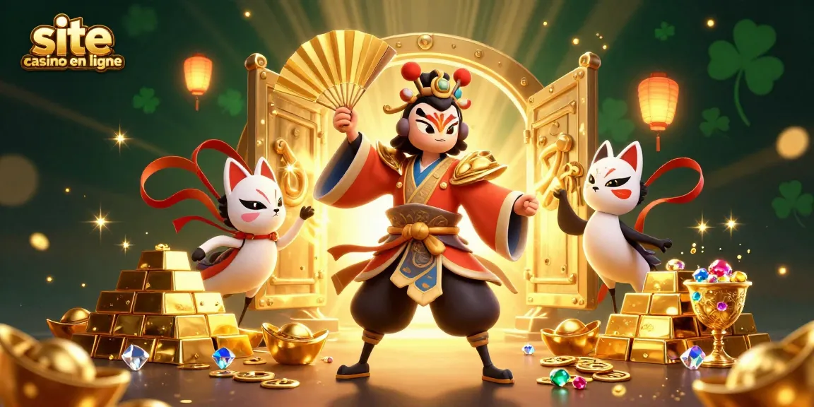 Jouez sur un site casino en ligne avec un guerrier kabuki et des éléments de jeux variés.
