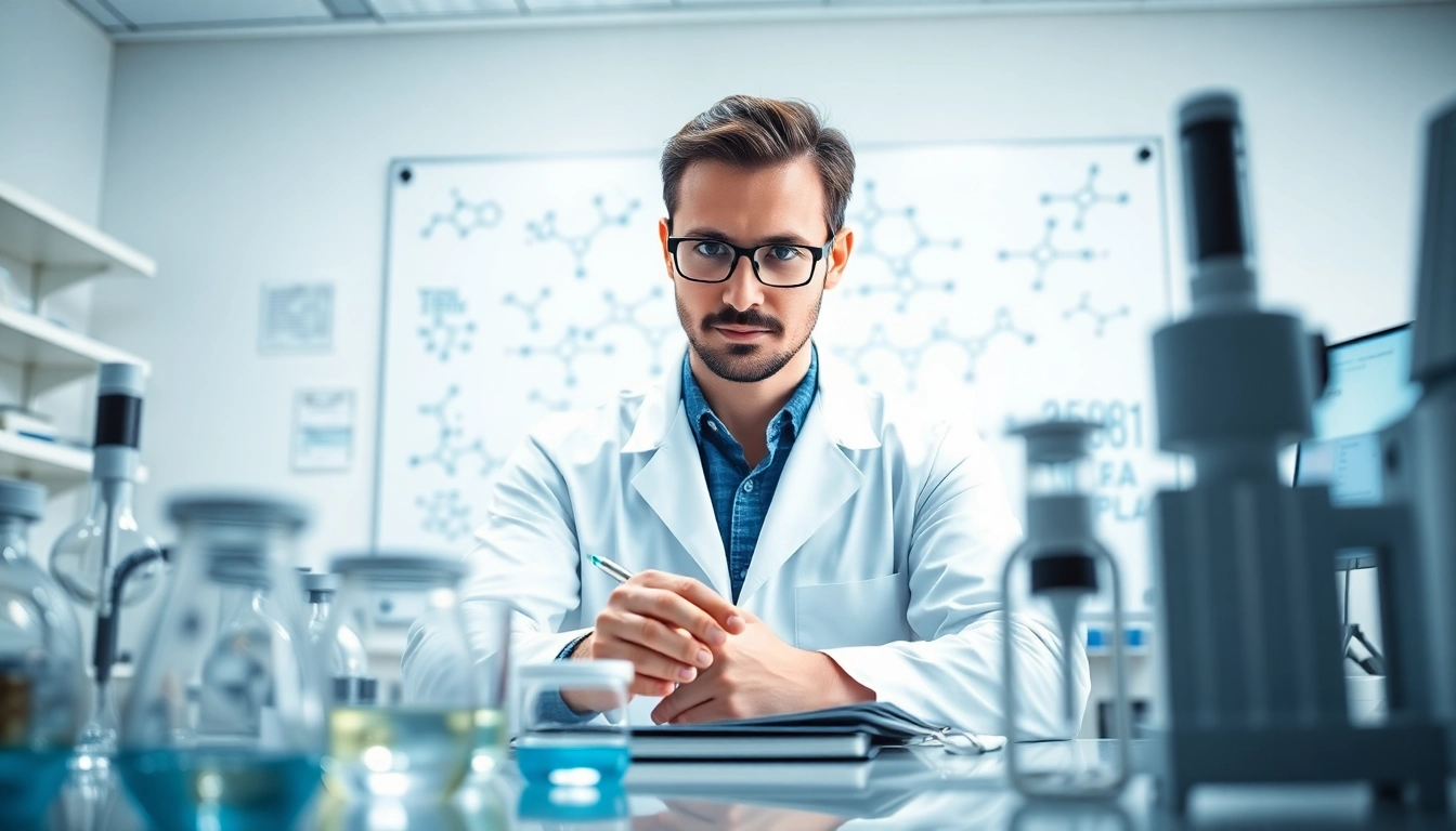 Voltera scientist examining peptides in a modern lab with advanced equipment.