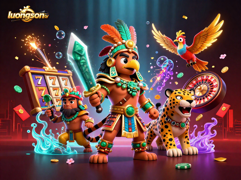 Bet big with luongson tv's vibrant gambling scene featuring 3D Aztec warriors and slot machines.