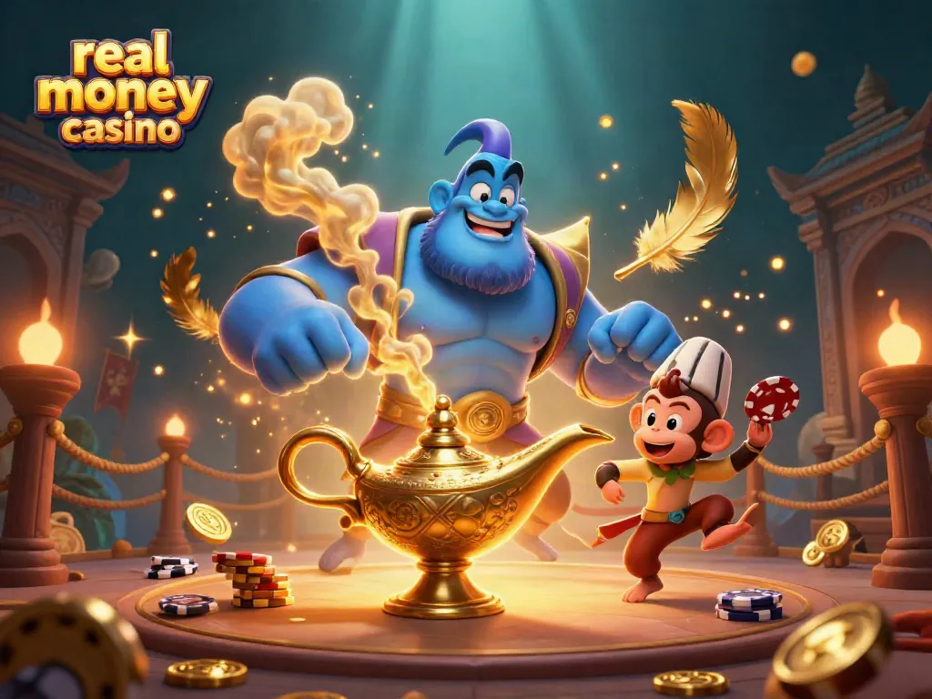 Experience thrilling gameplay at a real money casino with this vibrant illustration featuring a genie and poker chips.