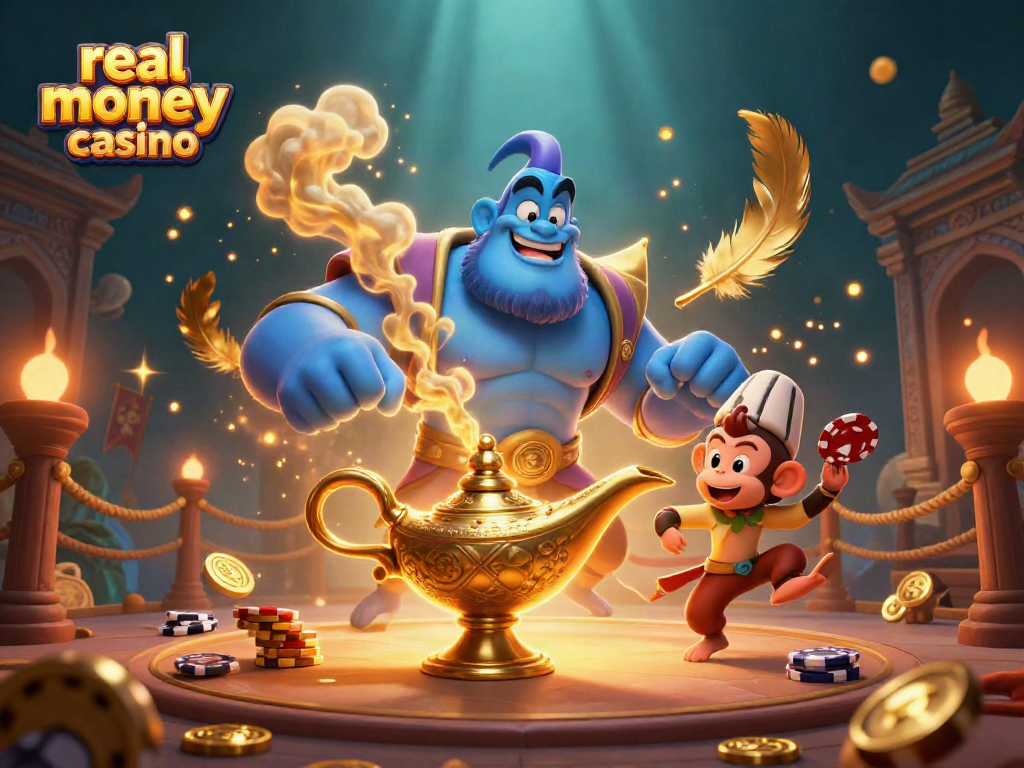 Experience thrilling gameplay at a real money casino with this vibrant illustration featuring a genie and poker chips.