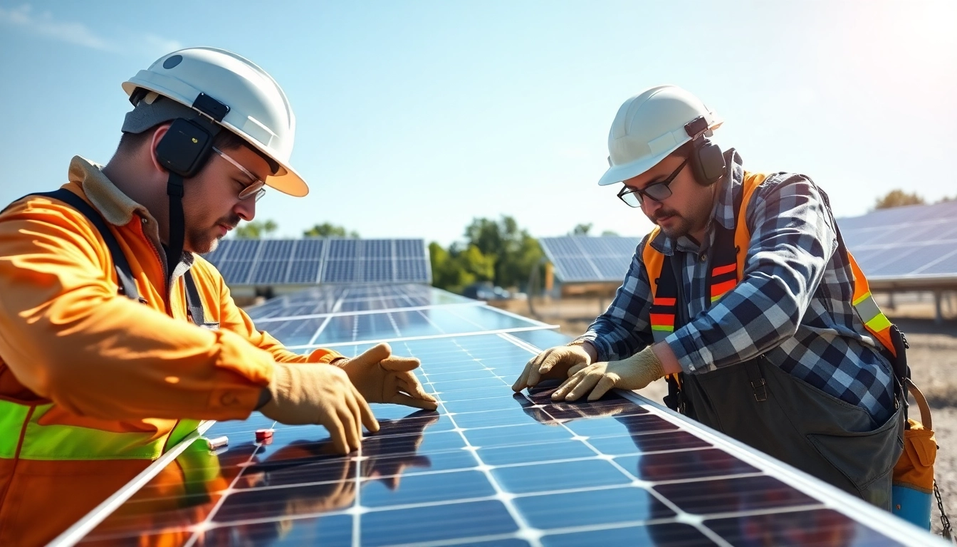 Solar repair company New Jersey technicians working diligently on solar panels outdoors.