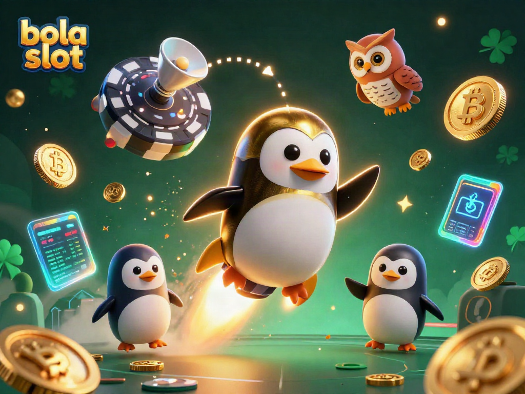 Spin the reels with bola slot in this vibrant 3D illustration showcasing a golden penguin and crypto elements.