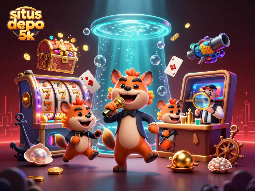 Engage in thrilling slots and bonuses at situs depo 5k with vibrant hyenas hosting a comedy casino scene.