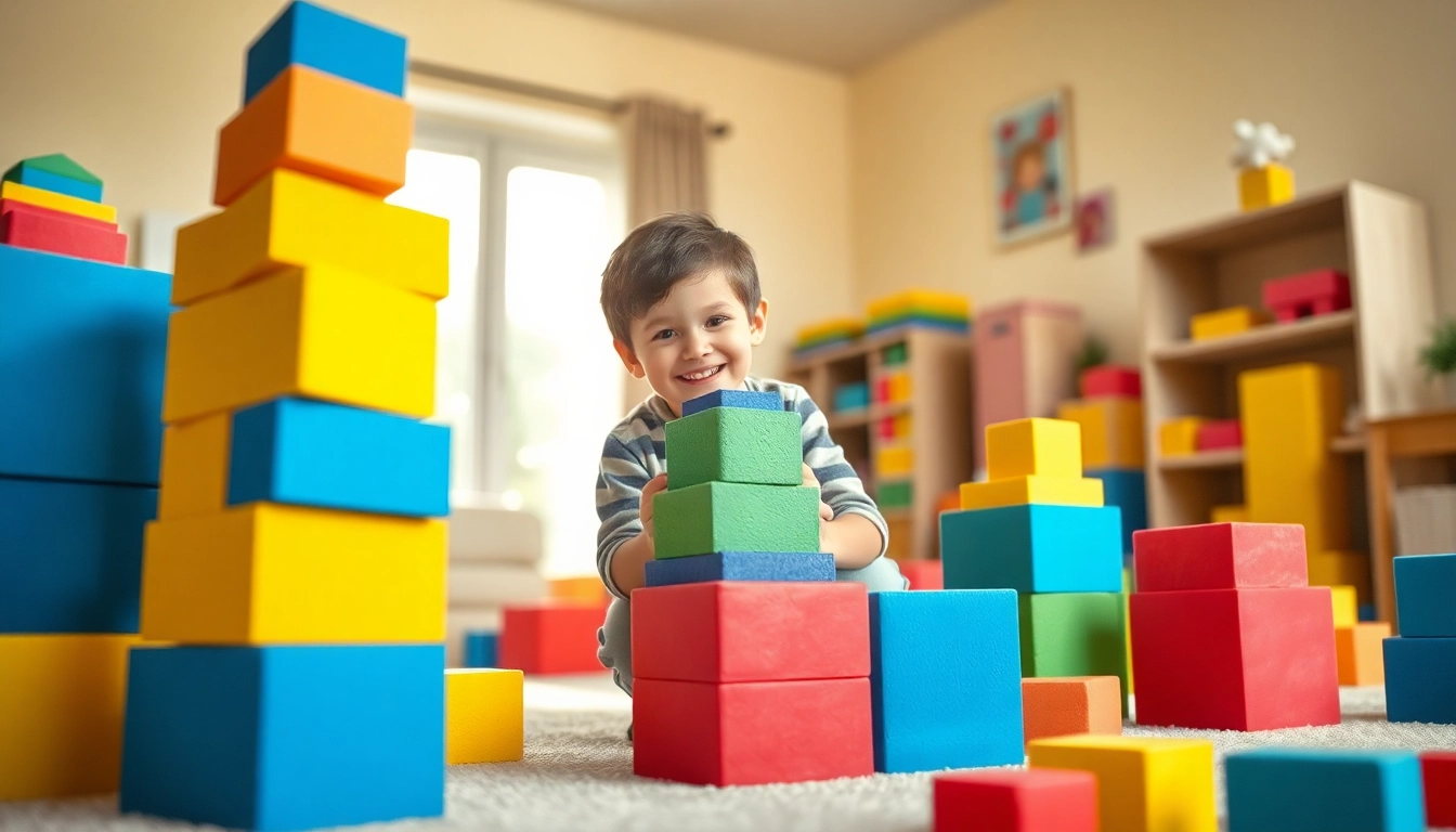 Build imaginative designs with giant foam blocks for active indoor adventures; more details on play benefits.