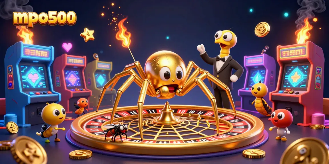 Place strategic bets with mpo500 in a vibrant casino-themed illustration featuring playful characters.