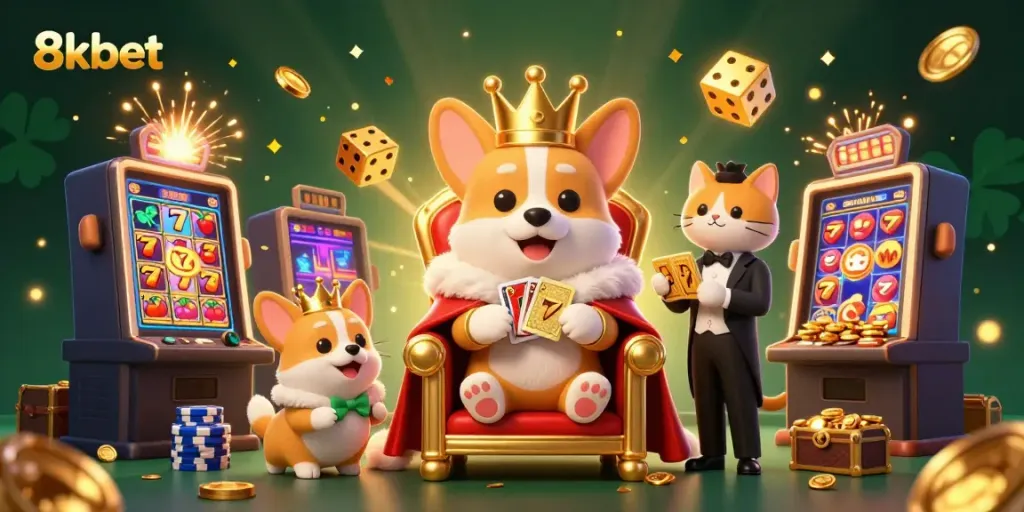 Experience excitement at 8xbet with vibrant casino elements and playful characters in an immersive 3D scene.