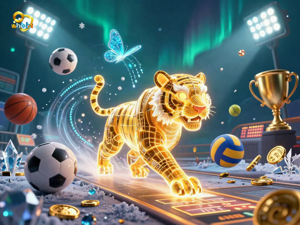 Bet on shbet with vibrant casino scene featuring a golden tiger and dynamic sports elements.