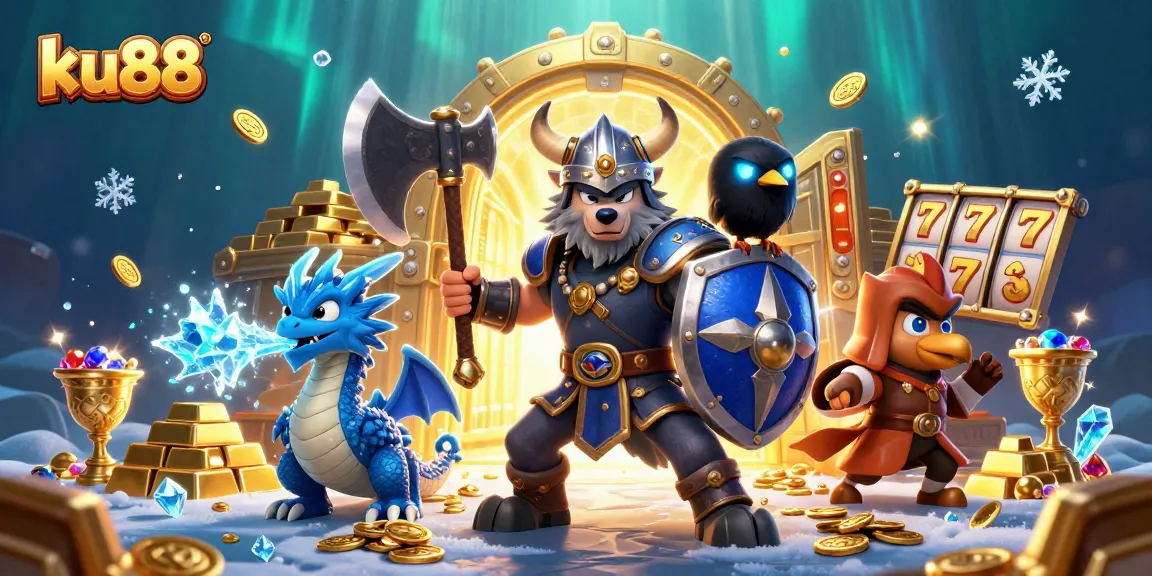 Experience thrilling wins at ku88 with a Viking warrior, dragon, and dazzling casino treasures!