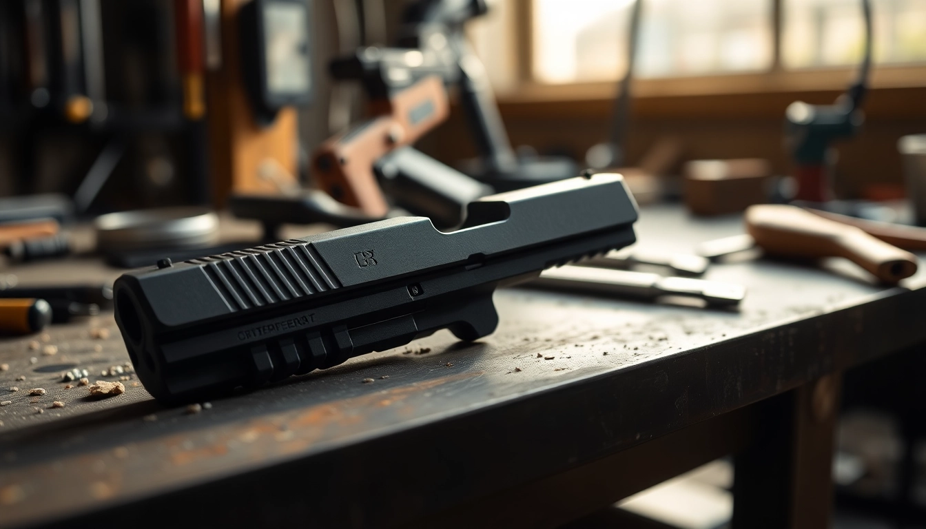Showcasing a glock 17 slide for sale with precision craftsmanship in a professional setting.