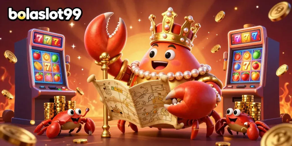Experience the excitement of bolaslot99 with a golden crab emperor amid vibrant slot machines and colorful treasures.