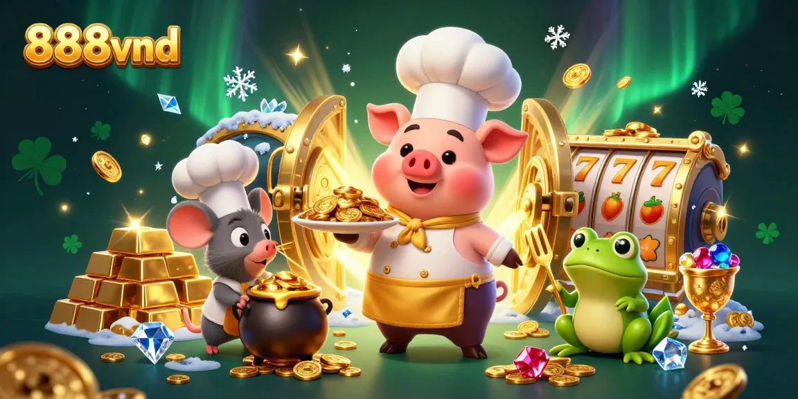 Play and win big with 888vnd in this vibrant casino illustration featuring gold coins and treasures.