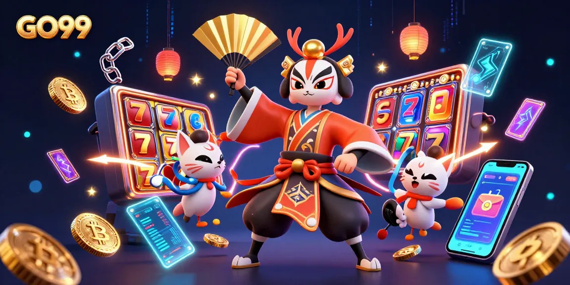 Play exciting slot games and win with GO99's vibrant casino experience featuring dynamic characters and neon effects.