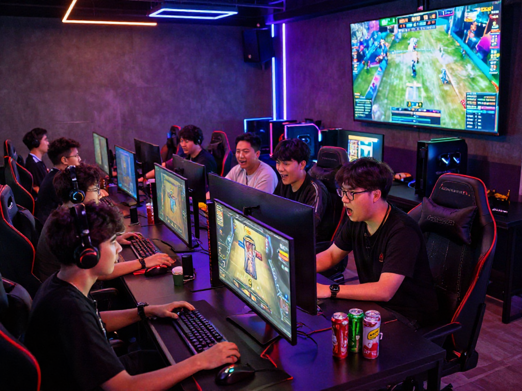 Gaming lounge with players showcasing excitement for slot gacor terbaru in an energetic atmosphere.