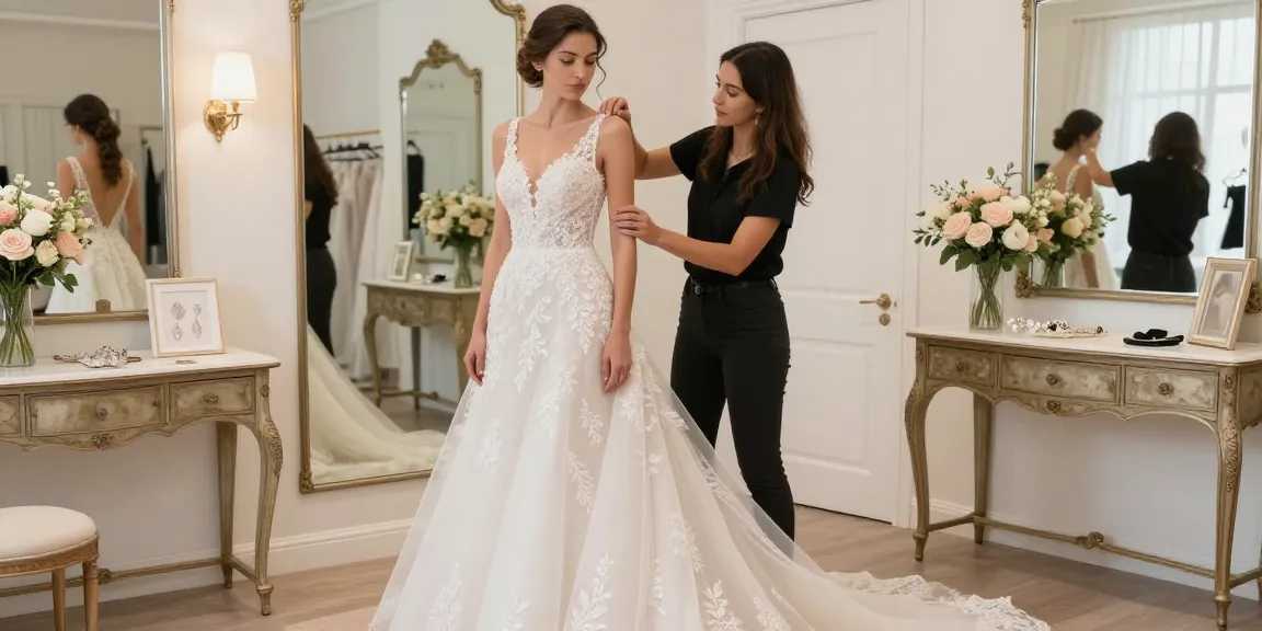 Bridal styling in an elegant studio con esperto che assiste una sposa nella scelta dell'abito.