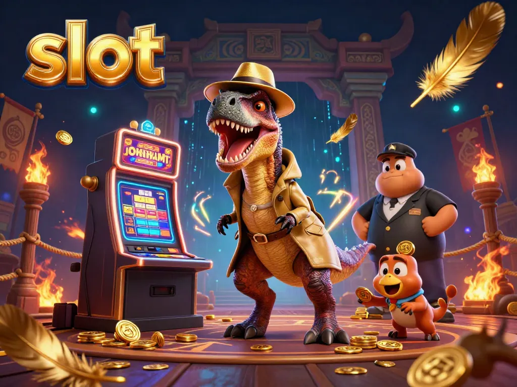 Menyaksikan slot dengan velociraptor kartun, bos stegosaurus, dan pencuri kompi mencuri chip