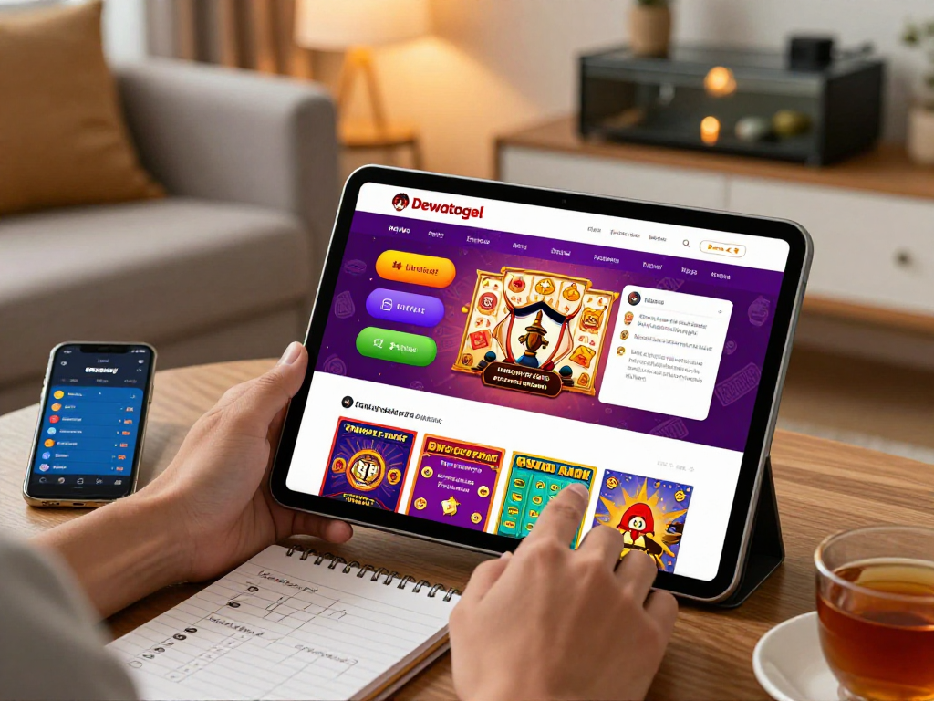 Dewatogel online betting experience featuring a user on a tablet with lottery symbols.