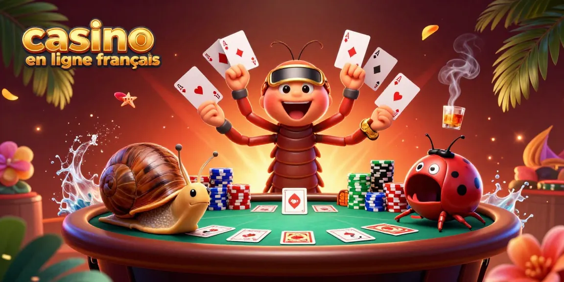 Jouez au casino en ligne français avec ce dealer amusant entouré de cartes et de jetons colorés.