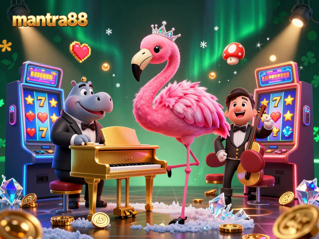 Experience thrilling wins at mantra88 with vibrant slot machines and lively characters in a dazzling casino scene.