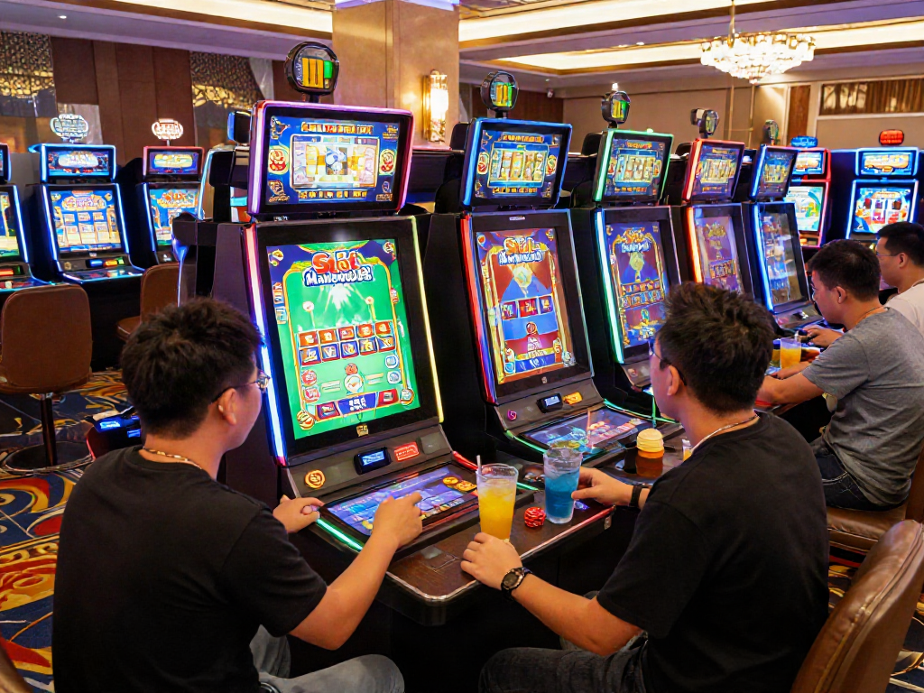 Excited players engaging with Slot MAHJONGJP88 in a vibrant casino environment.