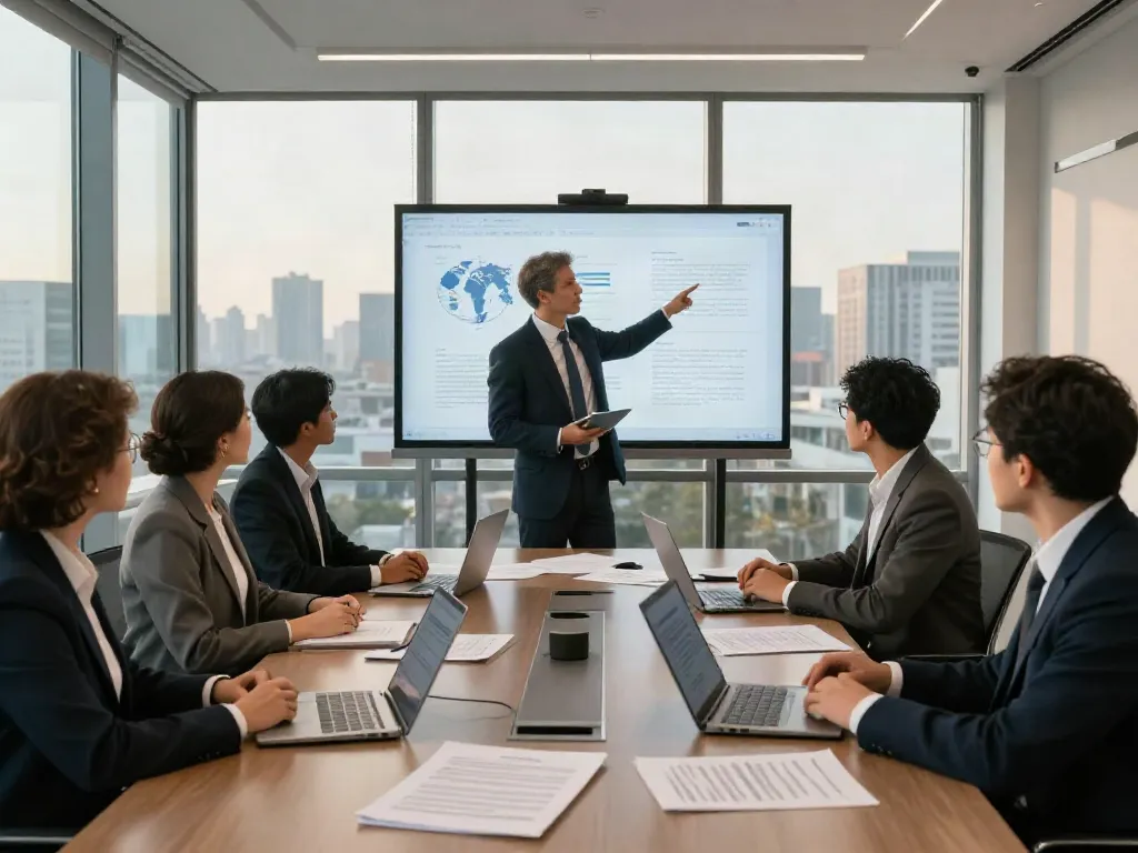 Legal advisors at Lead Roedl collaborating on international contracts in a modern office.