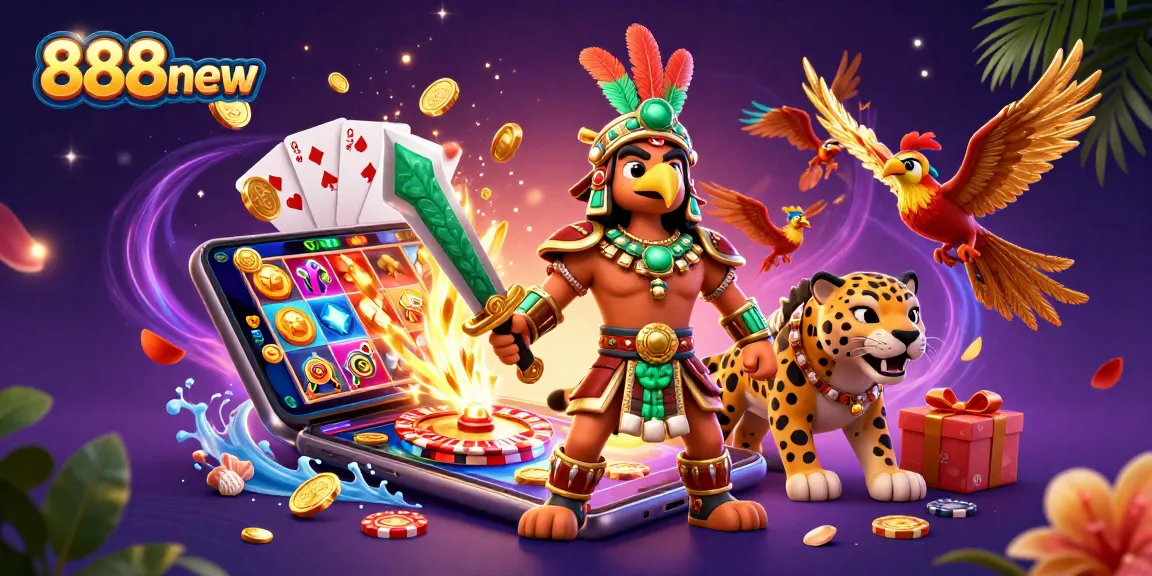 Experience the thrilling gaming world of 888new with a dynamic 3D illustration showcasing exciting slot games.