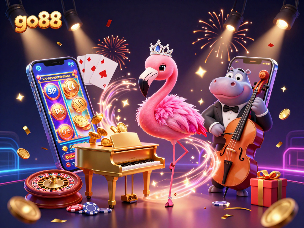 Experience go88's vibrant casino ambiance with flamingo singer and cool hippo bassist.