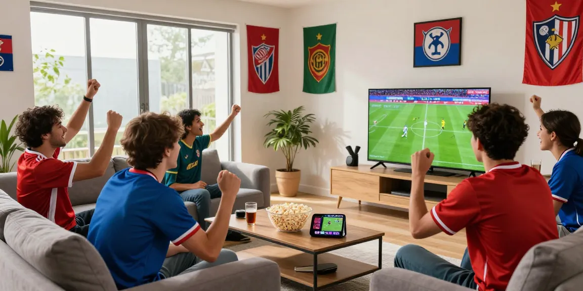 Friends enjoying live koora match in a lively living room with jerseys and snacks.