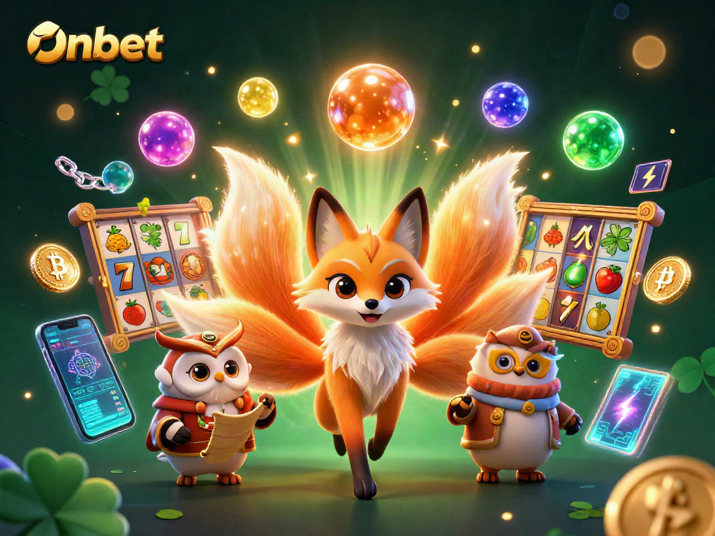 Engage with Onbet's thrilling casino experience featuring colorful spirit characters, slot reels, and cryptocurrency elements.