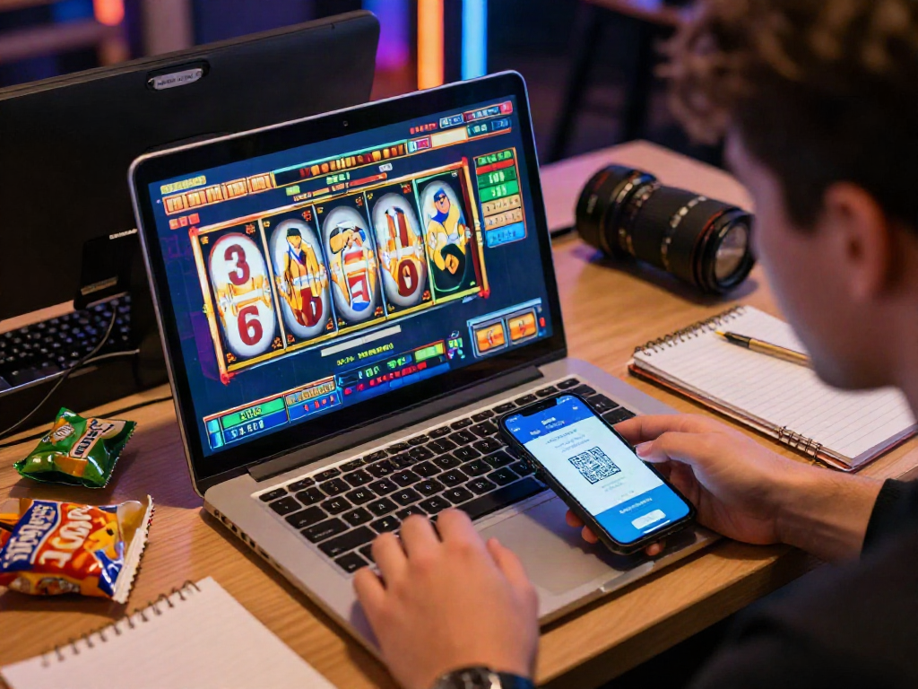 Engaging scene of slot deposit QRIS payment on laptop while playing online slots.