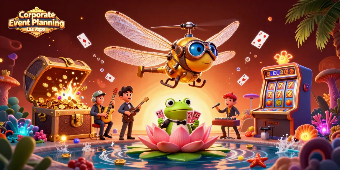 Engage in Corporate Event Planning Las Vegas with a vibrant casino-themed illustration showcasing unique entertainment and collaboration.