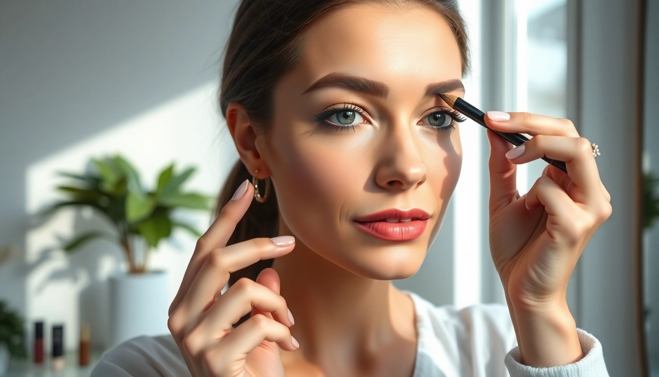 Apply pencil eyebrows with precision in a modern bathroom, capturing a confident look.
