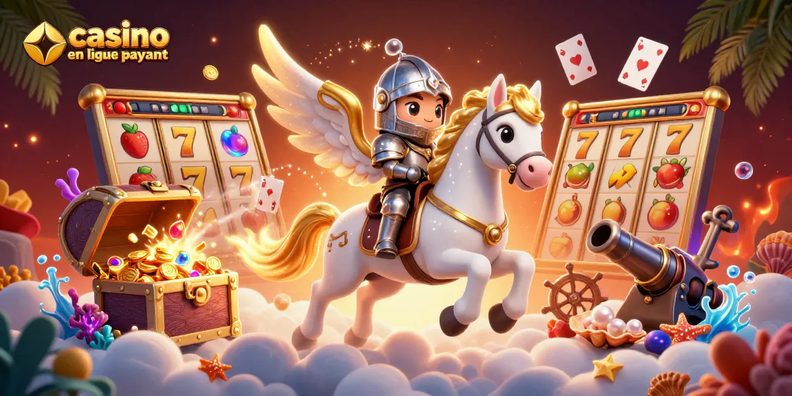Illustration du "casino en ligne le plus payant" avec un cheval céleste et des éléments de jeu.