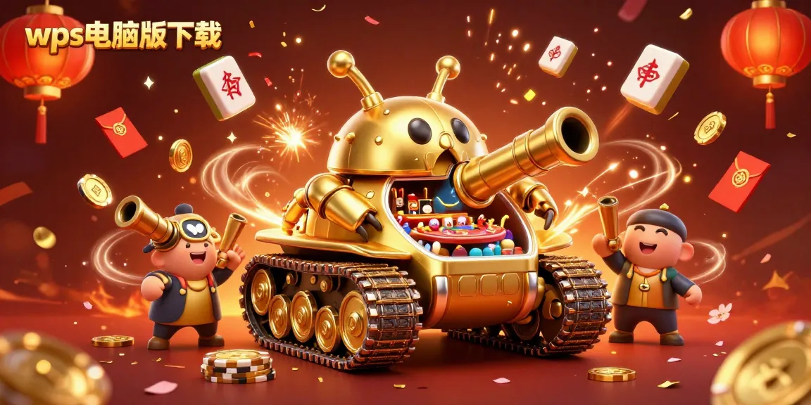 wps电脑版下载使用金色甲虫坦克的卡通插图，展现迷你赌场及庆祝元素。