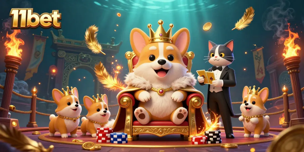 Engage with 11bet's vibrant gaming scene featuring a royal corgi, golden tokens, and dynamic betting action.