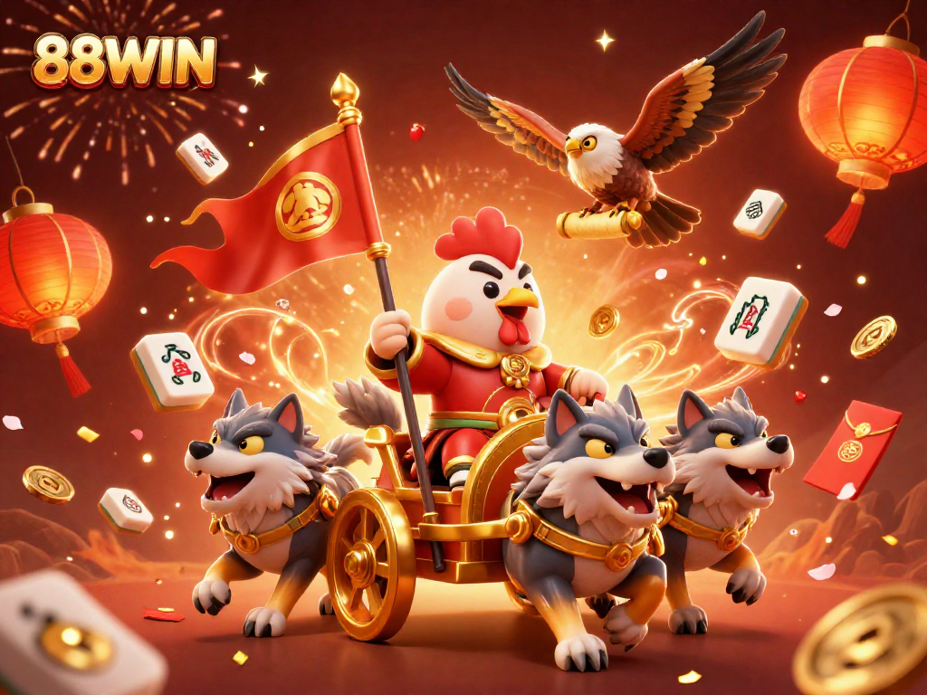 Join the excitement at 88WIN as the rooster warlord leads the fortune celebration in an immersive casino adventure.