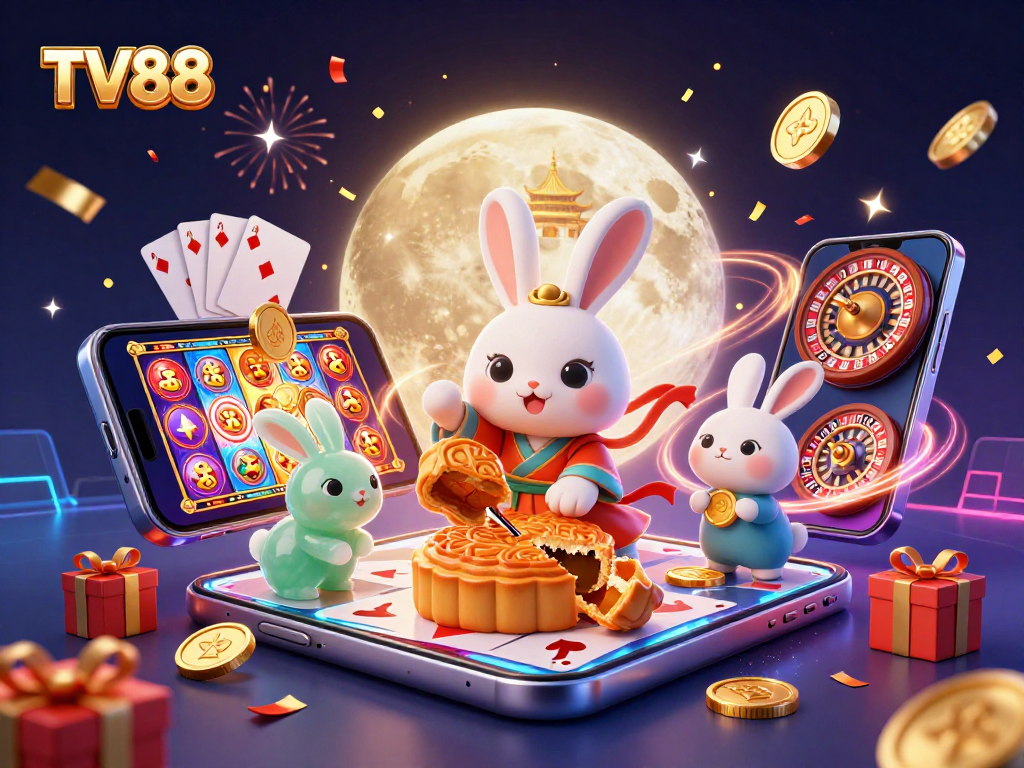 Experience TV88's captivating casino magic with a festive moon rabbit and golden poker chips.