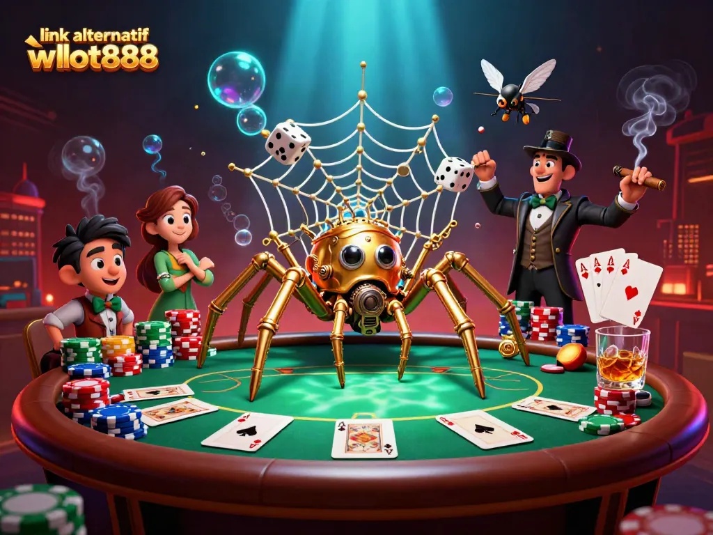 Menerima jackpot dengan link alternatif wslot888, ilustrasi steampunk kasino berwarna-warni.